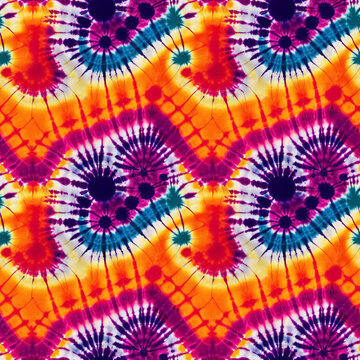 Colorful tie dye style seamless pattern. Hippie batik ornament background. Digital 3D illustration.