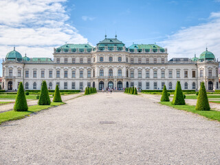 Vienna, Austria - June 2022: View with Belvedere Palace (Schloss Belvedere) built in Baroque architectural style and located in Vienna, Austria