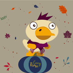 Cozy Time  card design with a cute Duck  with a Scarf  and Pumpkin