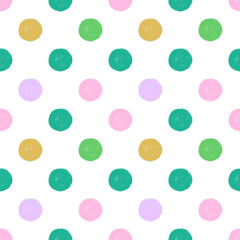 水玉模様のシームレスパターン、パステルカラーのドット模様、手描きの模様、手描きテキスタイルパターン、カラフルなドット、カラフルなリピートパターン、水玉模様のリピートパターン