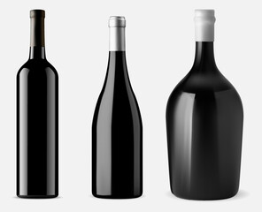 Isolated glass wine bottle set. Red wine vector mockup on white background. Vineyard beverage, cabernet or merlot vintage bottles for celebration. Luxury object design with mesh