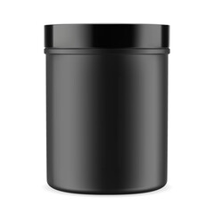 Black plastic protein powder jar, supplement bottle vector blank. Cylinder container for vitamin pill, bodybuilding product tube, muscle food or health tablets. Glossy plastic package design