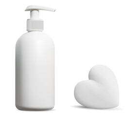 Liquid soap bottle and soap and soap bar mockup, isolated vector blank. Toilet hygiene pump dispenser bottle, hand care antibacterial clean cosmetics. Heart shape solid soap