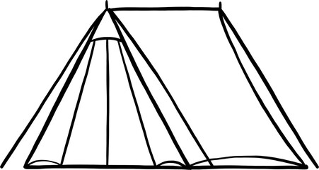 camping tent outline doodle drawing on white background.