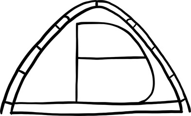 camping tent outline doodle drawing on white background.