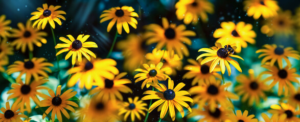 Naklejka na ściany i meble Bright banner of yellow flowers. Bumblebee on a flower. Summer fairyland.