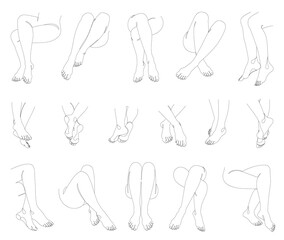 Collection. Silhouettes of female legs in a modern one line style. Continuous line drawing, home decor aesthetic outline, posters, wall art, stickers, logo. Set of vector illustrations.
