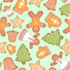 Fototapeten Seamless pattern. Christmas gingerbread. Sweets, gifts, food, holiday. Vector, flat style. © VarfDi