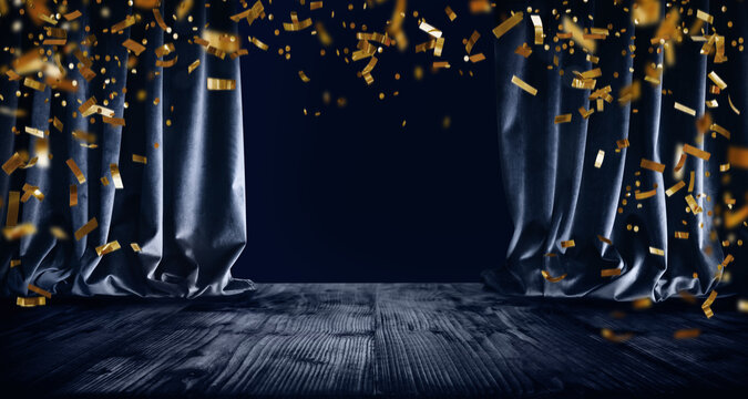 Empty dark blue stage with gold confetti. Horizontal background for christmas, events, gala, concerts, shows and special occasions. Space for decoration and text.