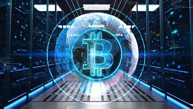 Bitcoin Icon Moving Through Rack Servers in Data Center. Concept of Bitcoin and blockchain. Electronic cryptocurrency and modern technology. Online banking, financial communications. World wide web.