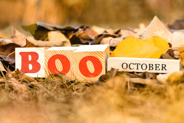 Text BOO October on a wooden sign on the background of fallen leaves, close up. Autumn concept. Halloween holiday