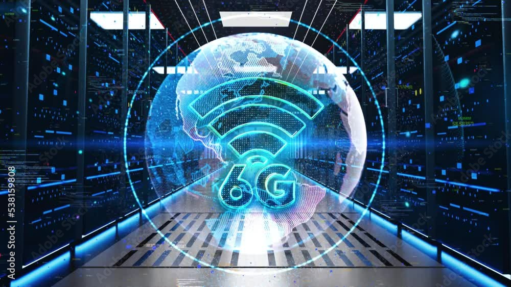 Poster 6g icon moving through rack servers in data center. concept of network, new generation networks. hig