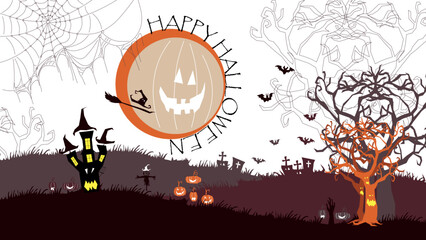 Halloween night spooky background with pumpkins and flying bats