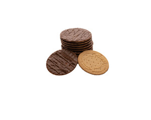 very thin wholemeal chocolate biscuits stacked two facing the chamber isolated on a white background