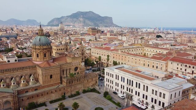 Palermo, Italy: Aerial drone footage of the stunning Palermo cathedral that dates back from 1185 in the old town in Sicily largest city in Italy