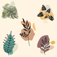 seamless boho flat pattern with autumn leaves illustration vector, Wall boho art minimal leaf.