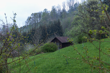 Barn in a field on the hillside
