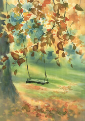 A swing in the garden in autumn watercolor background - 538161650