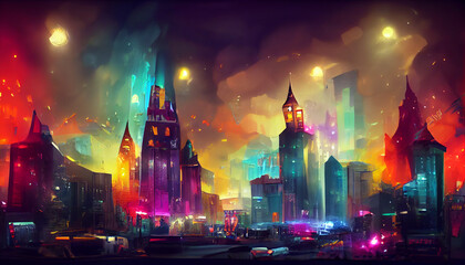 Fototapeta na wymiar Colorful Night City Buildings exterior. Fantasy background digital illustration