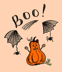 Funny postcard with pumpkin and spiders for the holiday Halloween. Boo lettering. Design doodle element.