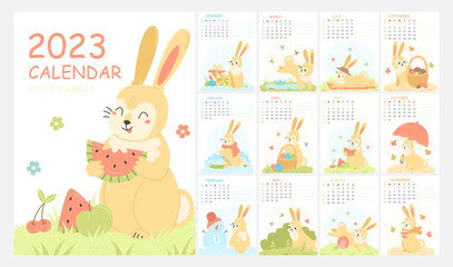 Fototapeta premium Design a children's vertical calendar for 2023 with cute illustrations with a rabbit character. 2023 is the year of the rabbit. 12 months. Wall calendar template.