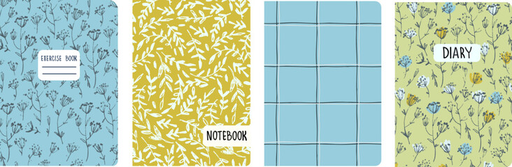 Fototapeta na wymiar Set of cover page templates based on grid seamless patterns, spiral lines, flower pattern. Plaid backgrounds for school notebooks, diaries. Headers isolated and replaceable