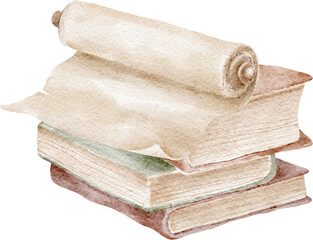 Old stacked books watercolour illustration
