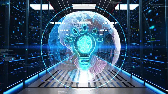 Light Bulb Idea Icon Moving Through Rack Servers in Data Center. Concept of Education, Knowledge, Ability, Competence, Skill and Development. Energy and idea Creativity concept symbol.