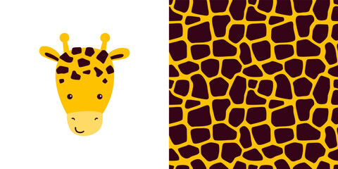 Vector collection - print with cute giraffe character plus seamless pattern with animal skins