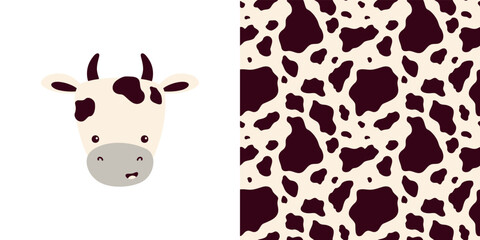Vector collection - print with cute cow character plus seamless pattern with animal skins