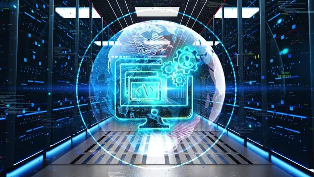 Soft ware DevelopmentIcon Moving Through Rack Servers in Data Center. Concept of Technology software of business Software development coding. Business, Technology, Internet and network concept.