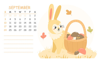 September children's calendar for 2023 with an illustration of a cute rabbit with a basket of mushrooms. 2023 is the year of the rabbit. autumn illustration calendar page.