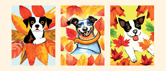 walking  Dog in Autumn. Autumn is here, outdoor activity concept. Float vector illustration.