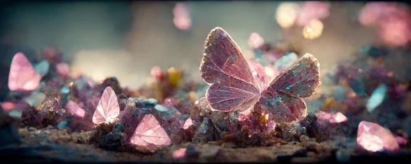 Foto op Plexiglas large stunningly beautiful fairy wings Fantasy crystal glass glitter butterfly sits on a light blue stone. The insect casts a shadow on nature.The insect has many geometric angles.3d render © Nokhoog