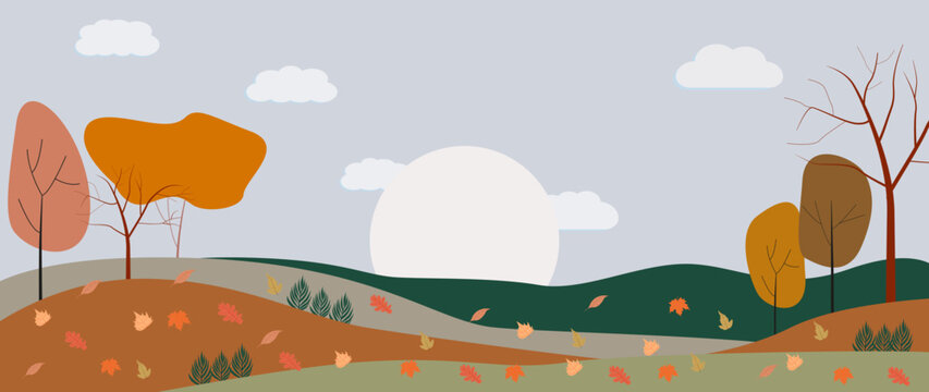 Vector autumn illustration. Panoramic view. The picture shows farm fields, mountains and leaves falling from trees in yellow foliage.