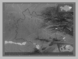 East Kazakhstan, Kazakhstan. Grayscale. Major cities