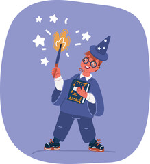 Vector illustration of Cute boy dressed as a Wizard with the book and hold magic wand