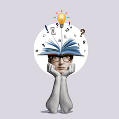 Head with an open book and a light bulb as a metaphor for a new idea. Art collage. - 538164253