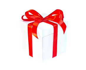 White gift box with red bow, closed, isolated