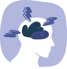 Vector illustration of man head with cloud and thunder inside.