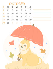 October children's vertical calendar for 2023 with an illustration of a cute rabbit with a red umbrella. 2023 is the year of the rabbit. autumn illustration calendar page.