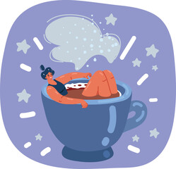 Vector illustration of Woman is taking a bath in big cup of coffee, concept of relaxing with coffee drink