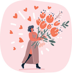 Vector illustration of International Women's Day. Female character holding tulip bunch