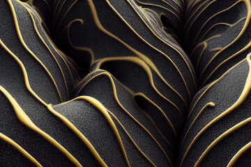 Black and gold organic abstract flowing shapes, black surface with gold ridges, 3D illustration