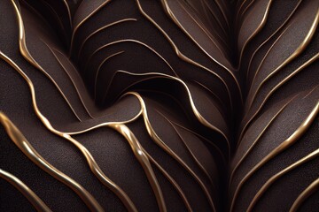 Black and gold organic abstract flowing shapes, black surface with gold ridges, 3D illustration