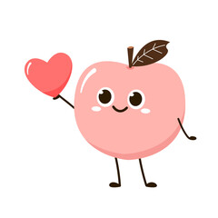 Peach cartoon vector. Doodle peach with leaves icon. Peach fruit in shape of heart isolated on white background. Farm, natural food, fresh fruits.