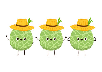 Melon character design. melon on white background. Melon in a Peasant hat vector. Farmer hat.