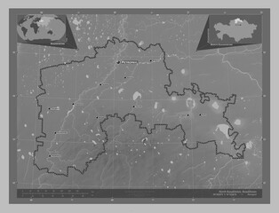 North Kazakhstan, Kazakhstan. Grayscale. Labelled points of cities