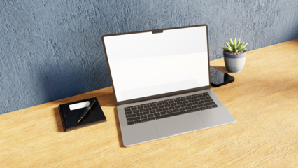 Laptop on a desk with transparent screen. 3D Illustration with alpha