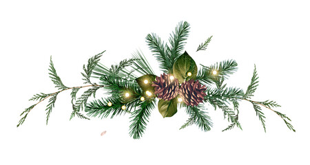 Emerald christmas greenery, spruce, fir, cedar, pine cones vector design bouquet